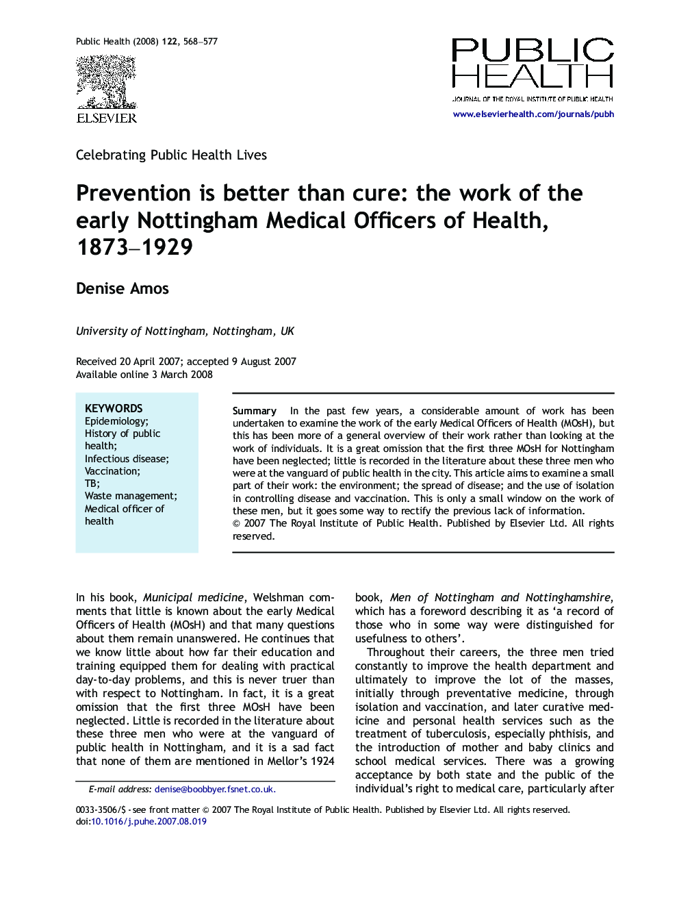 Prevention is better than cure: the work of the early Nottingham Medical Officers of Health, 1873-1929