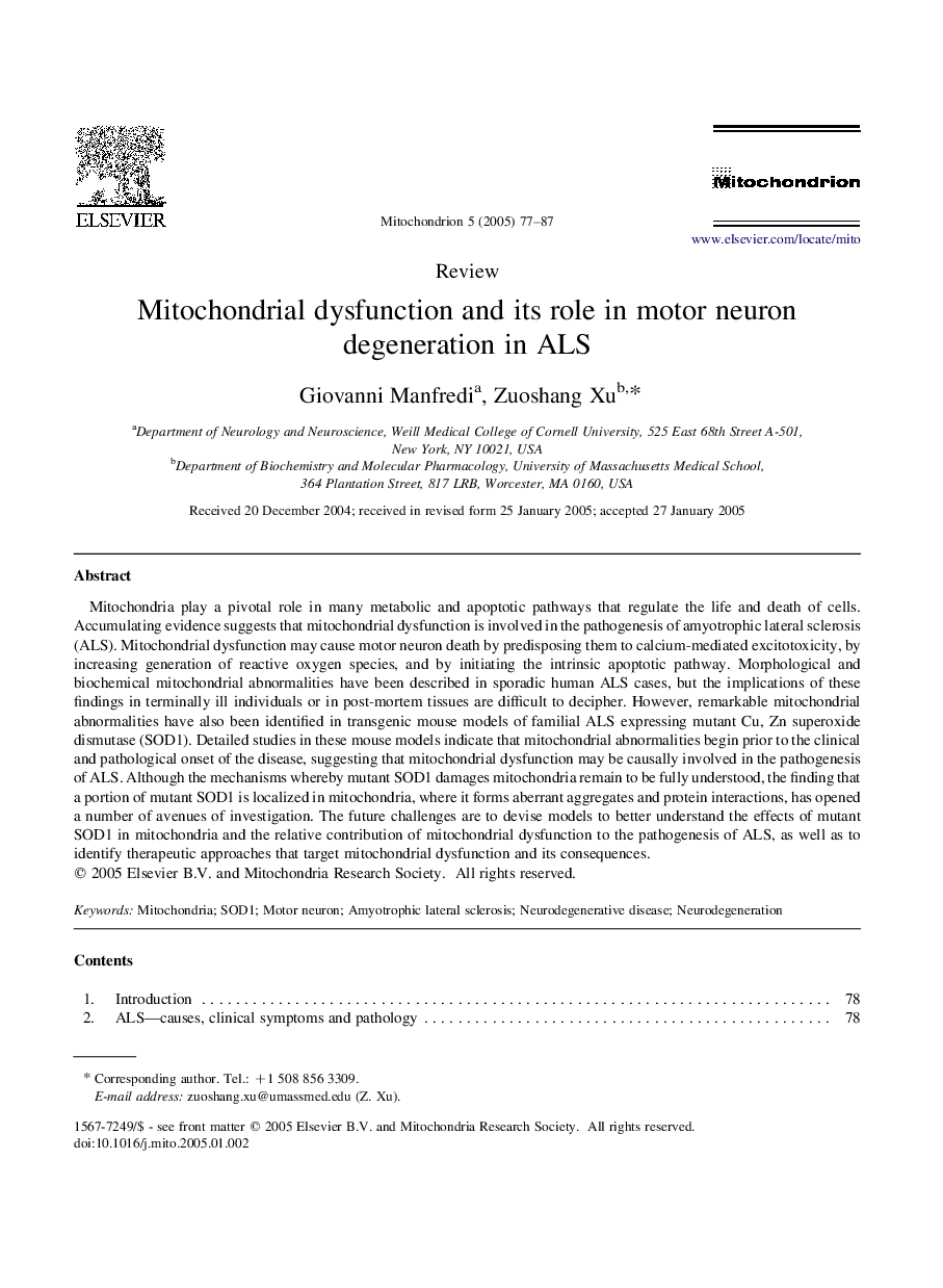 Mitochondrial dysfunction and its role in motor neuron degeneration in ALS