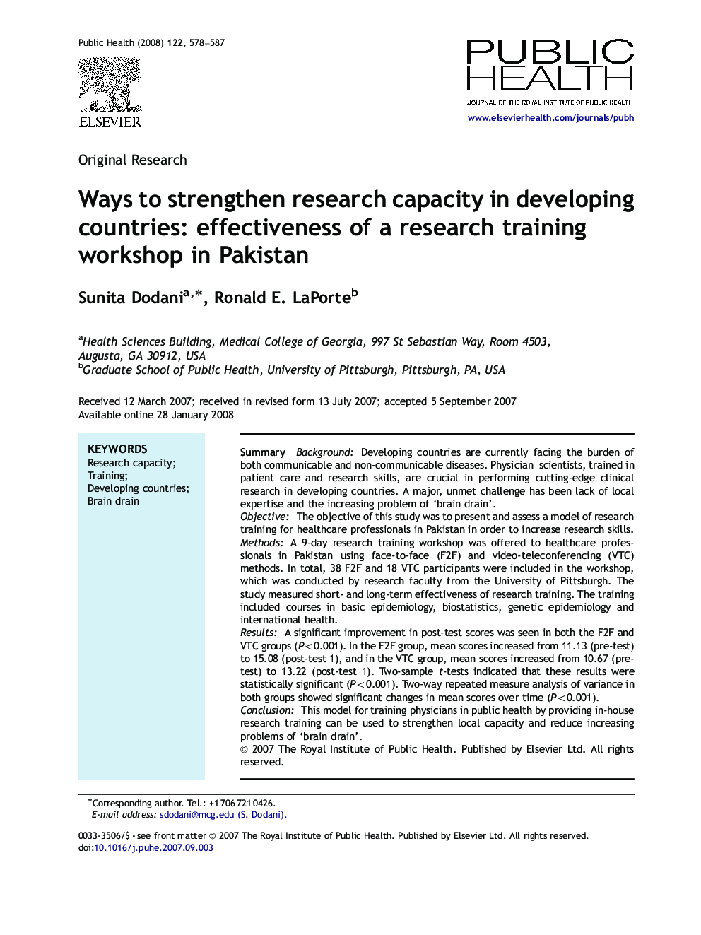 Ways to strengthen research capacity in developing countries: effectiveness of a research training workshop in Pakistan