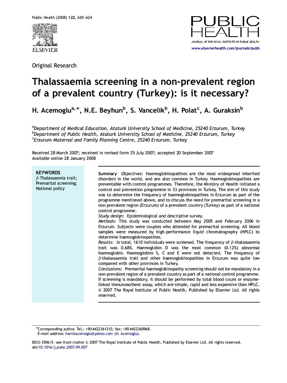 Thalassaemia screening in a non-prevalent region of a prevalent country (Turkey): is it necessary?