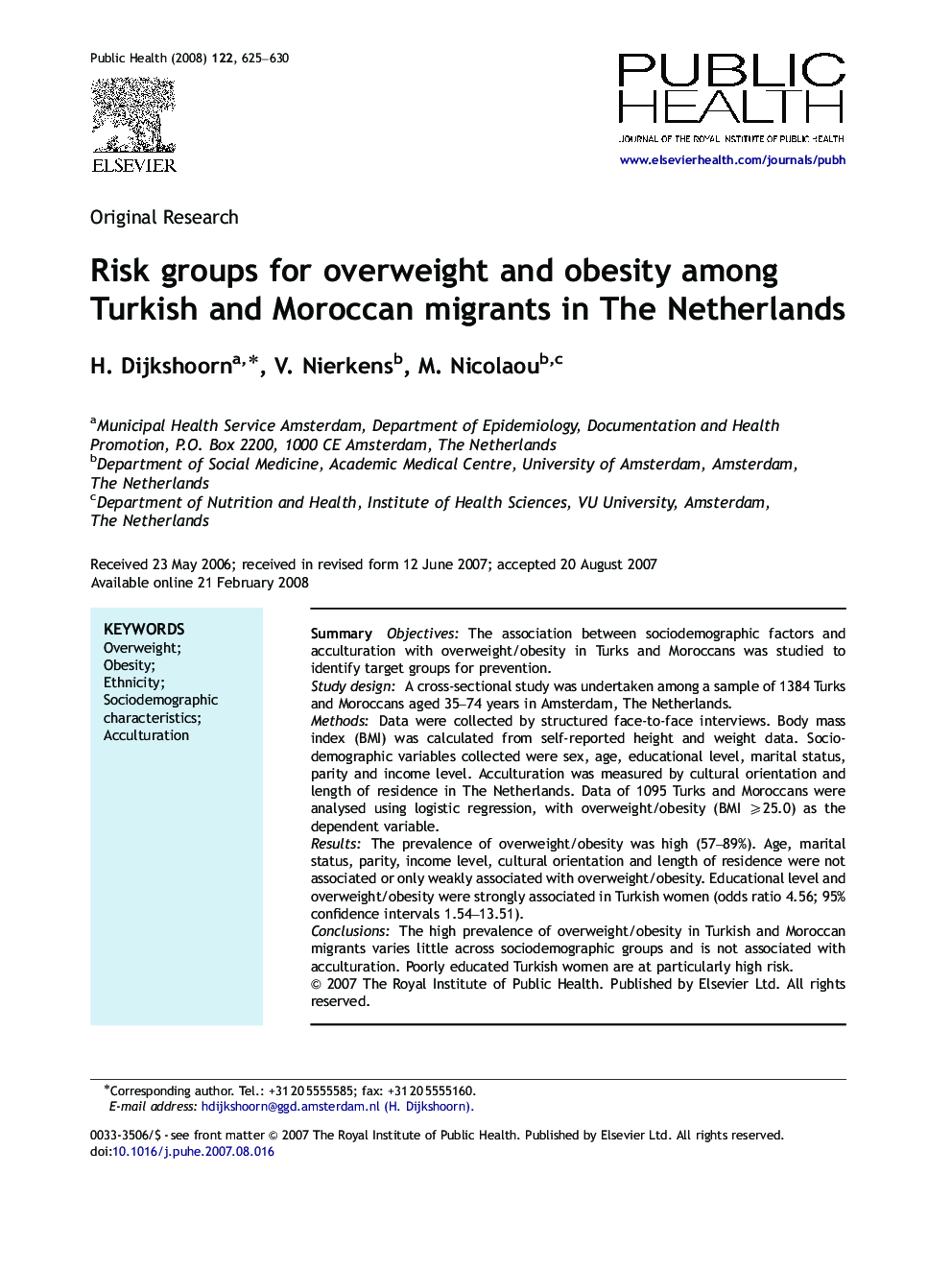 Risk groups for overweight and obesity among Turkish and Moroccan migrants in The Netherlands