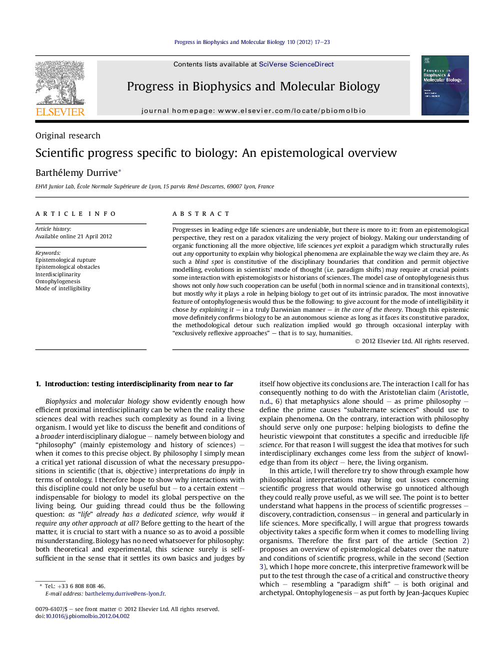 Scientific progress specific to biology: An epistemological overview