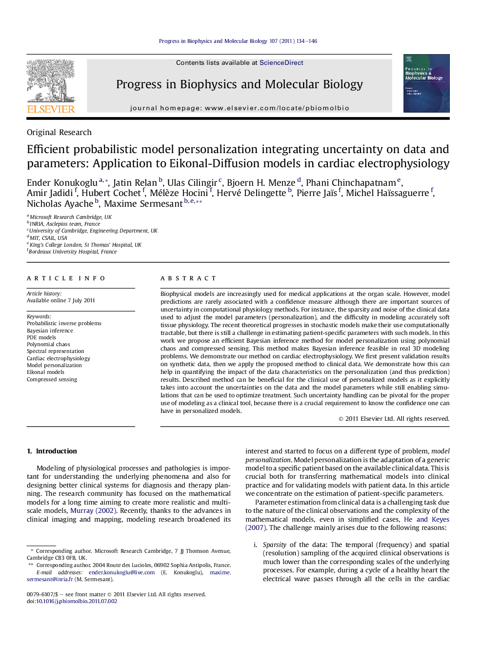 Efficient probabilistic model personalization integrating uncertainty on data and parameters: Application to Eikonal-Diffusion models in cardiac electrophysiology