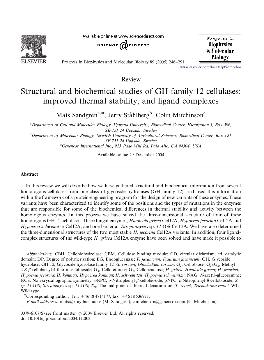 Structural and biochemical studies of GH family 12 cellulases: improved thermal stability, and ligand complexes