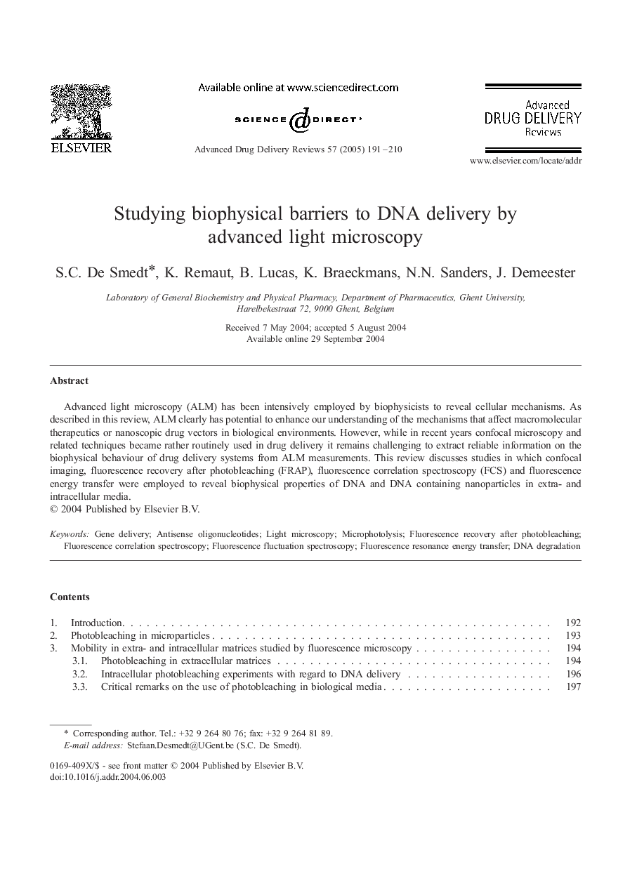 عکس صفحه اول مقاله: Studying biophysical barriers to DNA delivery by advanced light microscopy Studying biophysical barriers to DNA delivery by advanced light microscopy