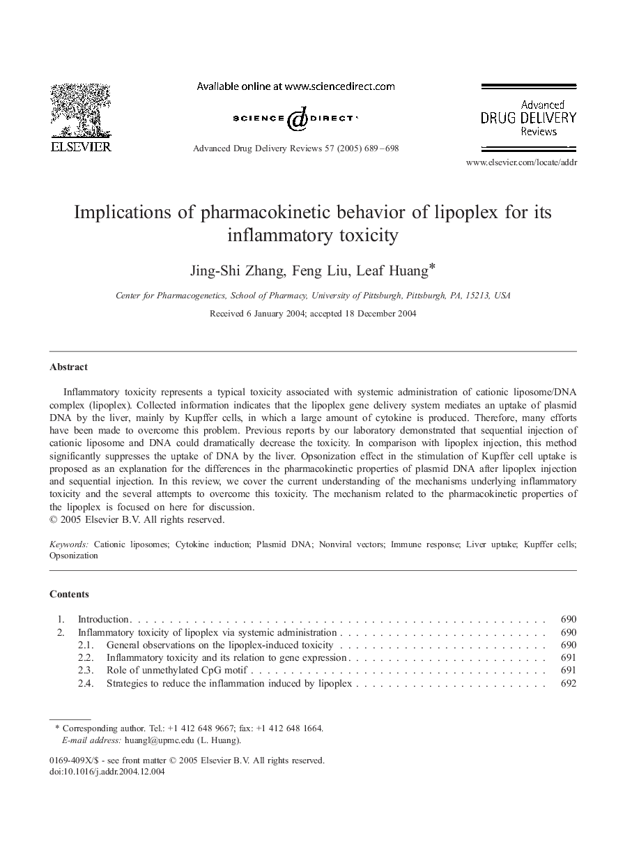 Implications of pharmacokinetic behavior of lipoplex for its inflammatory toxicity