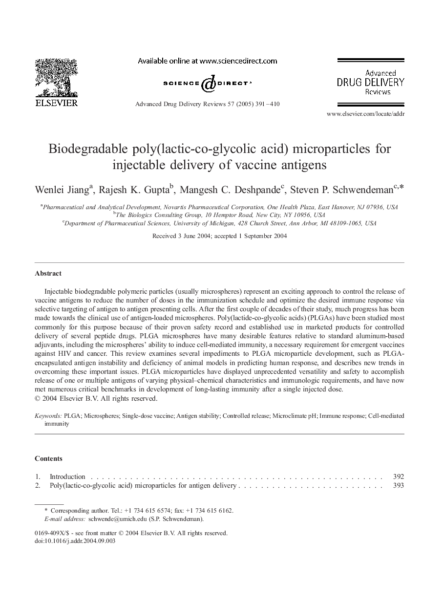 Biodegradable poly(lactic-co-glycolic acid) microparticles for injectable delivery of vaccine antigens