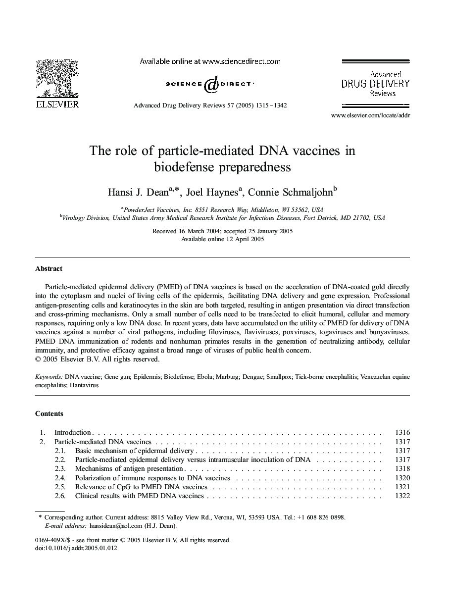 The role of particle-mediated DNA vaccines in biodefense preparedness