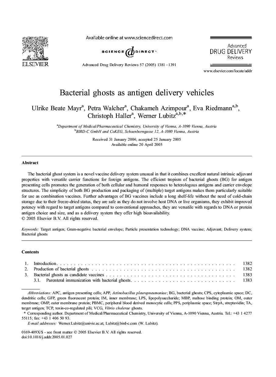 Bacterial ghosts as antigen delivery vehicles