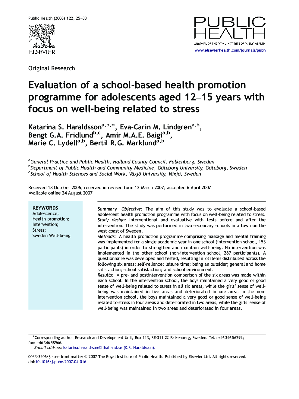 Evaluation of a school-based health promotion programme for adolescents aged 12–15 years with focus on well-being related to stress