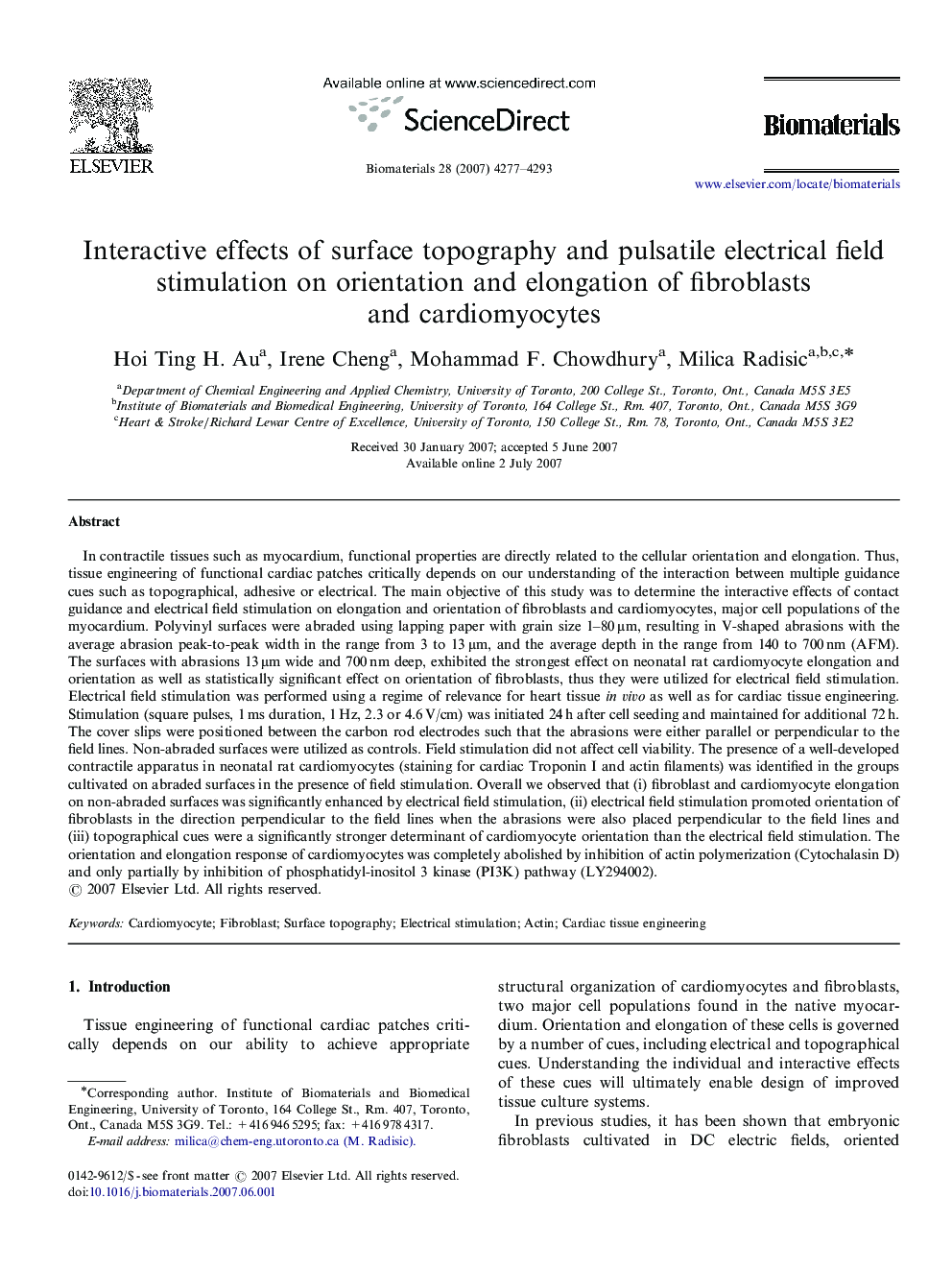 Interactive effects of surface topography and pulsatile electrical field stimulation on orientation and elongation of fibroblasts and cardiomyocytes