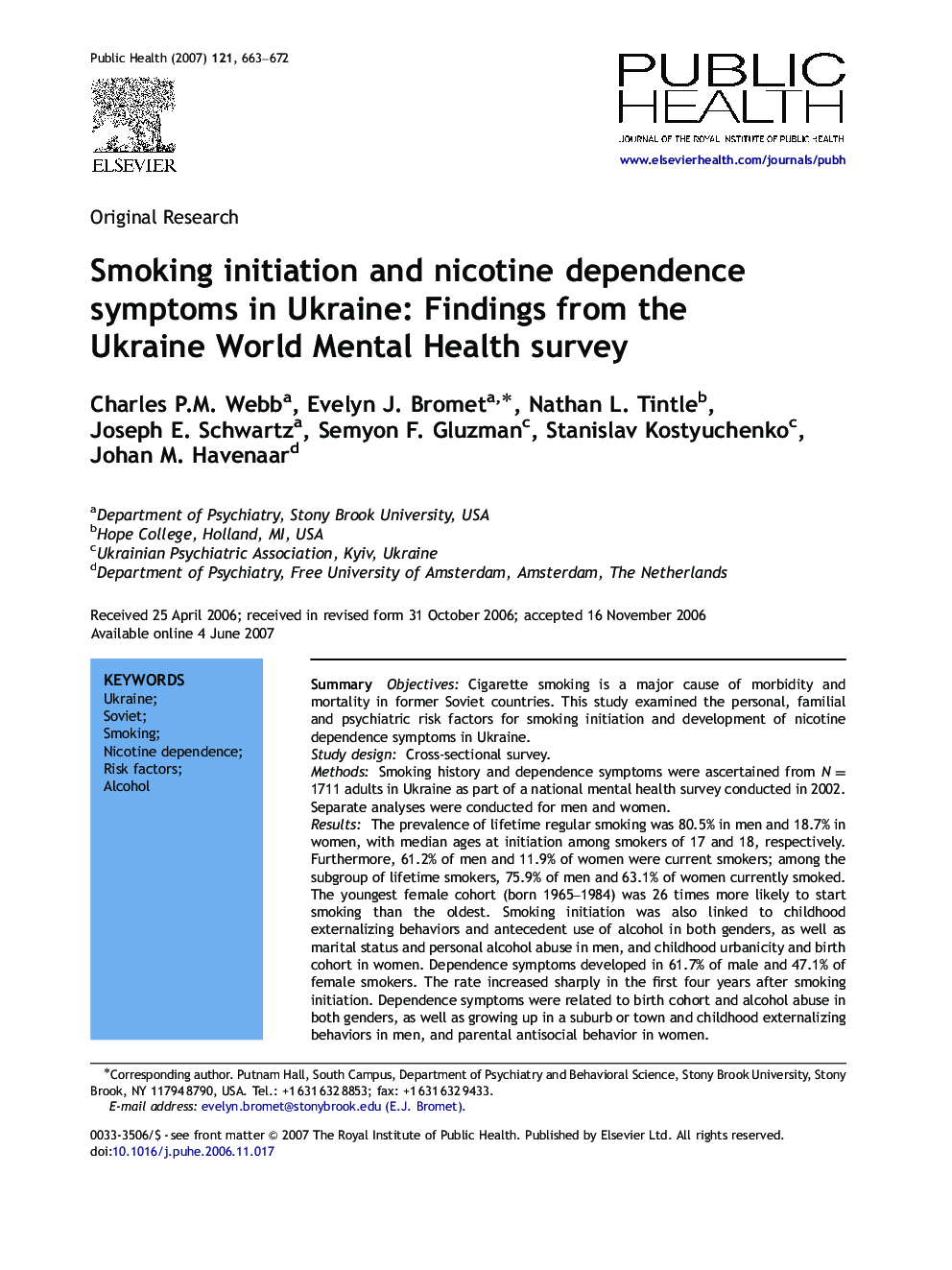 Smoking initiation and nicotine dependence symptoms in Ukraine: Findings from the Ukraine World Mental Health survey