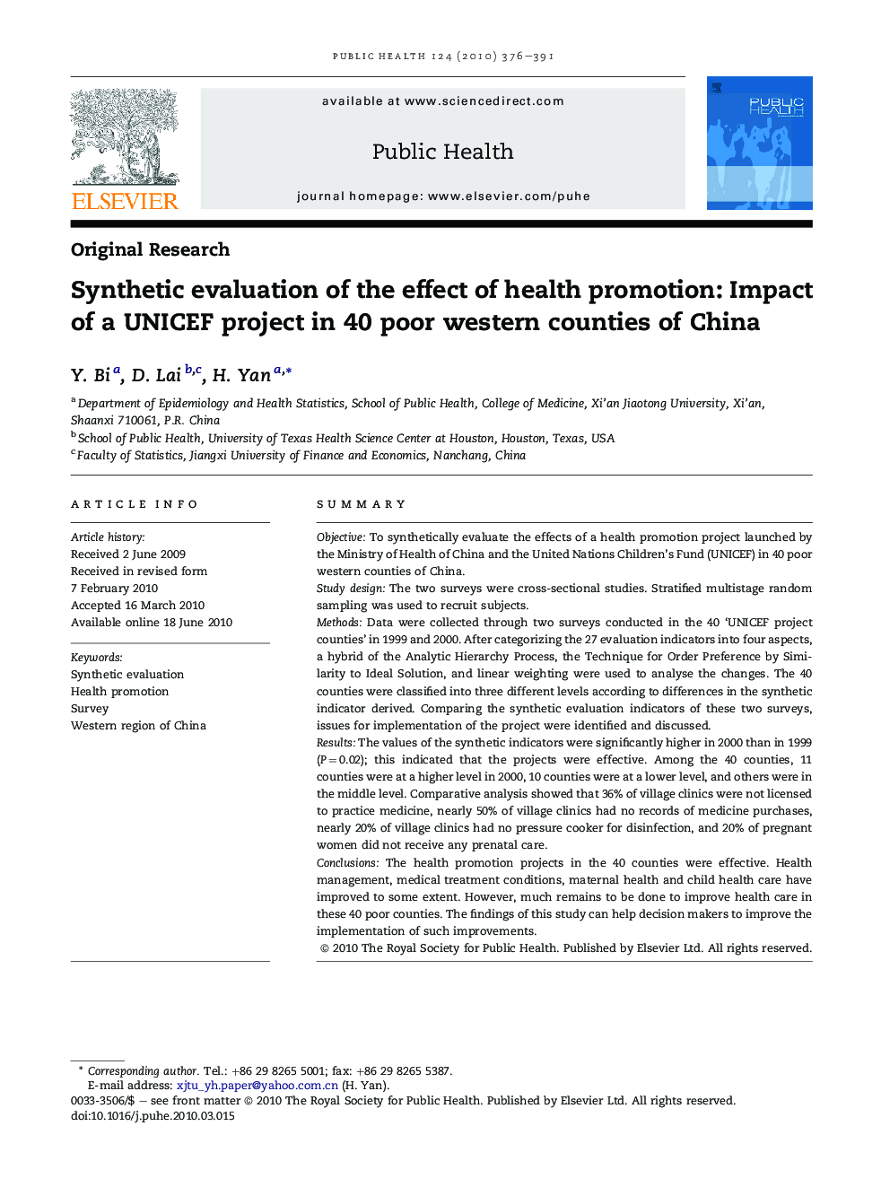 Synthetic evaluation of the effect of health promotion: Impact of a UNICEF project in 40 poor western counties of China