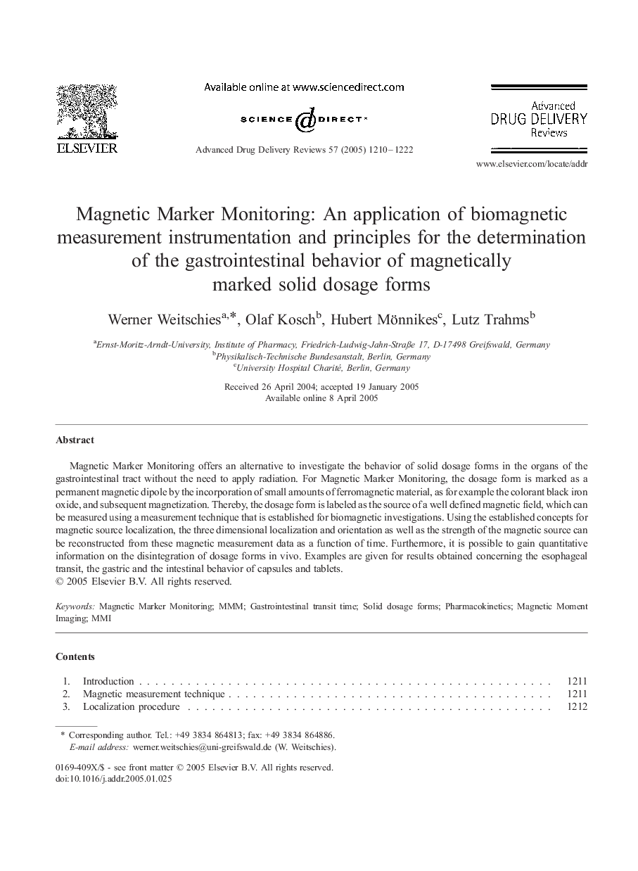 Magnetic Marker Monitoring: An application of biomagnetic measurement instrumentation and principles for the determination of the gastrointestinal behavior of magnetically marked solid dosage forms