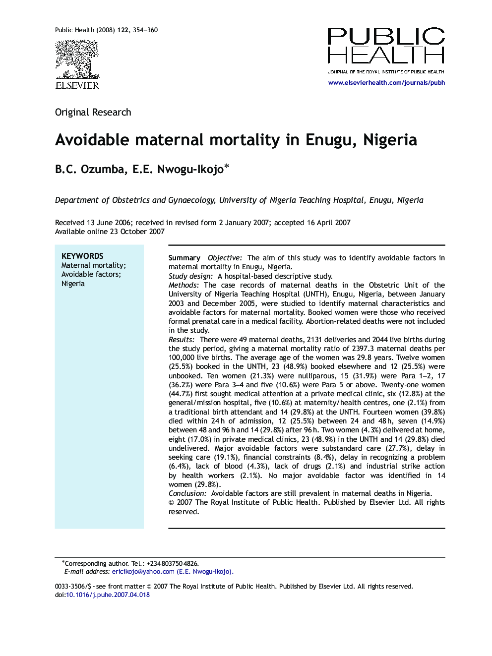 Avoidable maternal mortality in Enugu, Nigeria