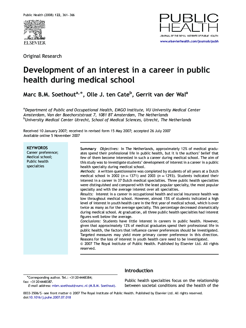 Development of an interest in a career in public health during medical school
