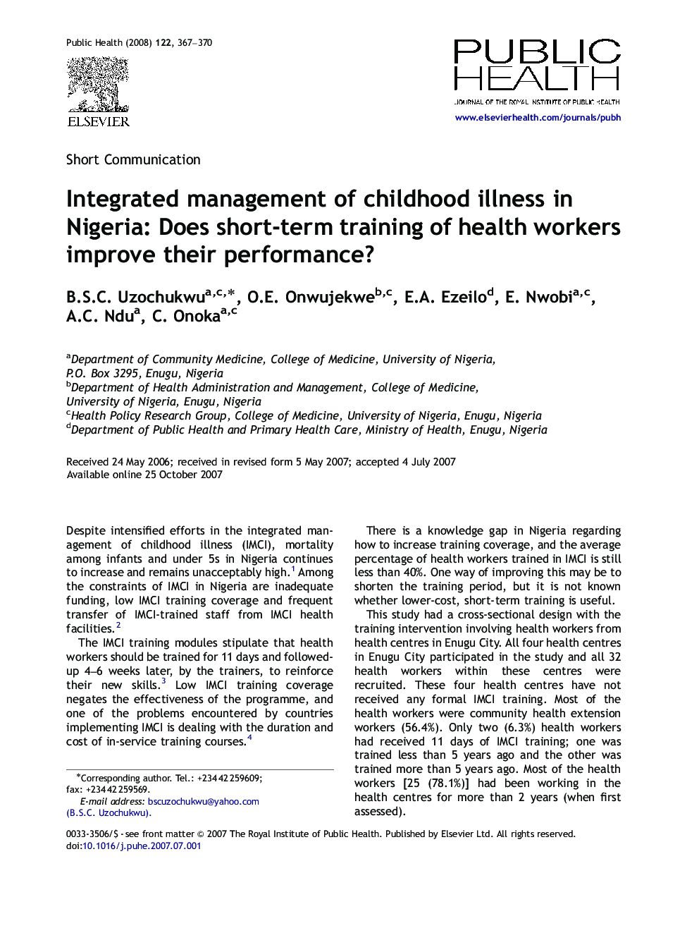 Integrated management of childhood illness in Nigeria: Does short-term training of health workers improve their performance?