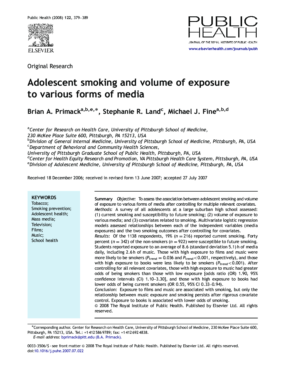 Adolescent smoking and volume of exposure to various forms of media