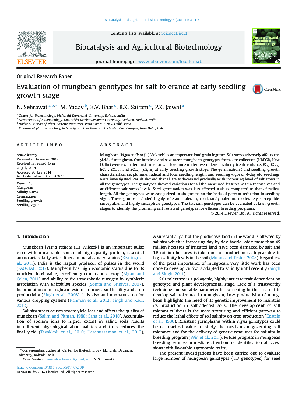 Evaluation of mungbean genotypes for salt tolerance at early seedling growth stage