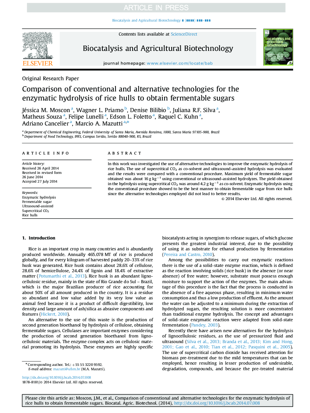 Comparison of conventional and alternative technologies for the enzymatic hydrolysis of rice hulls to obtain fermentable sugars