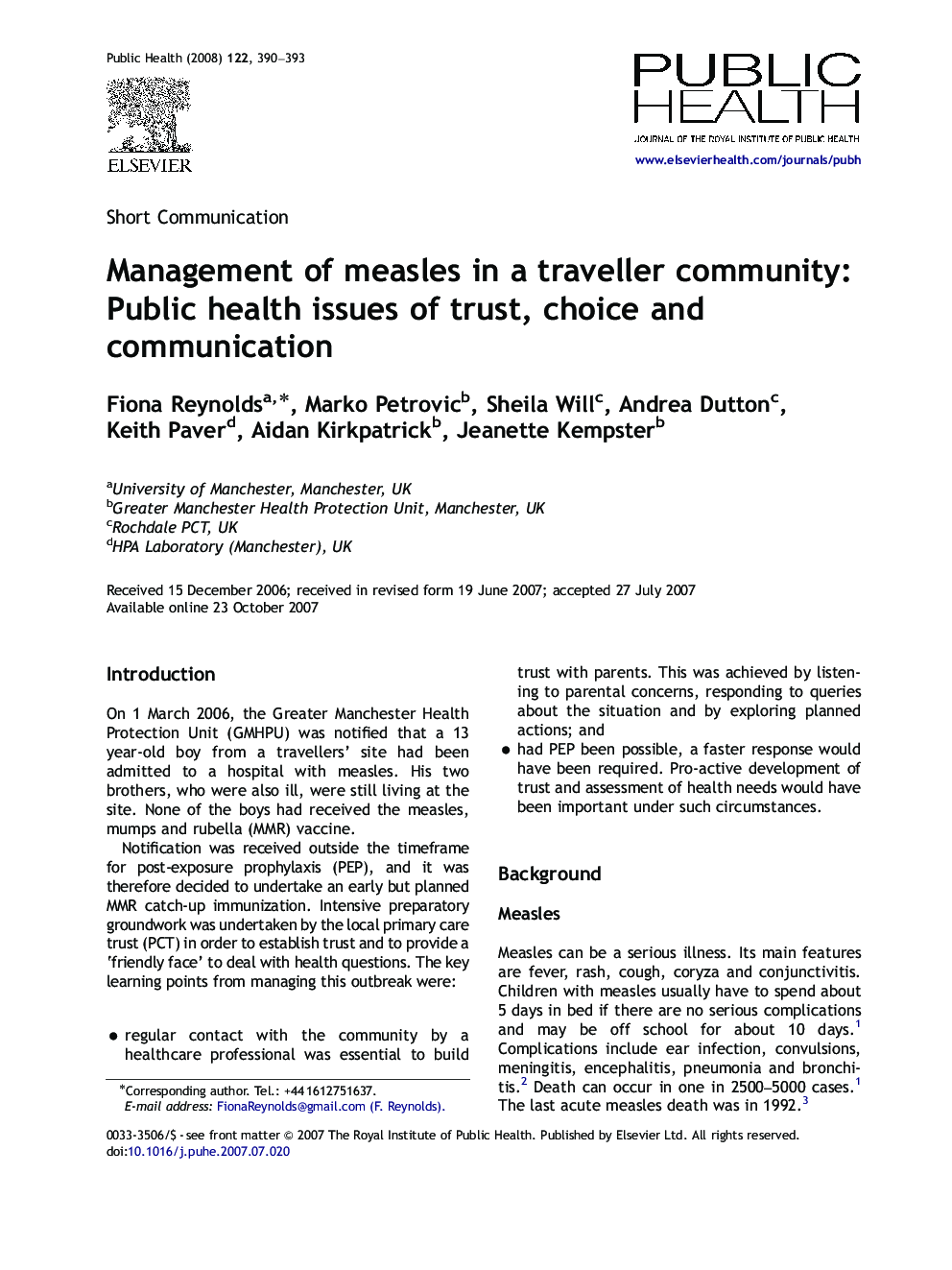 Management of measles in a traveller community: Public health issues of trust, choice and communication