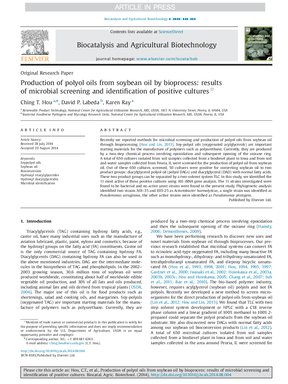 Production of polyol oils from soybean oil by bioprocess: results of microbial screening and identification of positive cultures