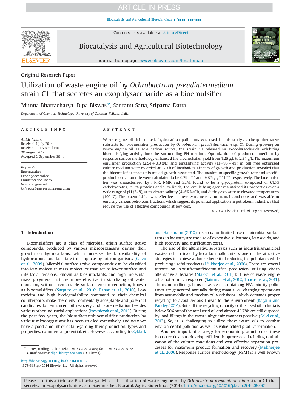 Utilization of waste engine oil by Ochrobactrum pseudintermedium strain C1 that secretes an exopolysaccharide as a bioemulsifier