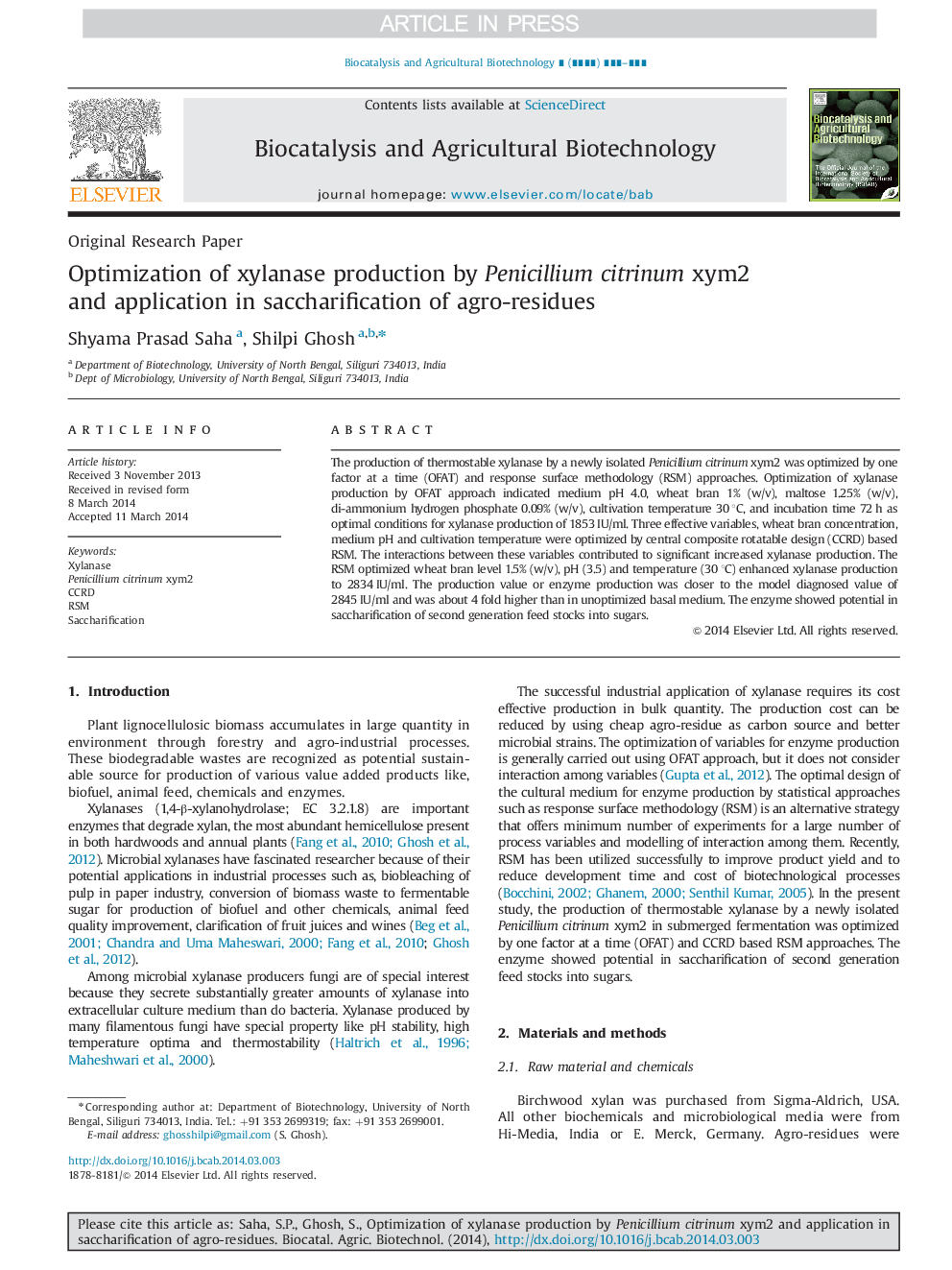 Optimization of xylanase production by Penicillium citrinum xym2 and application in saccharification of agro-residues