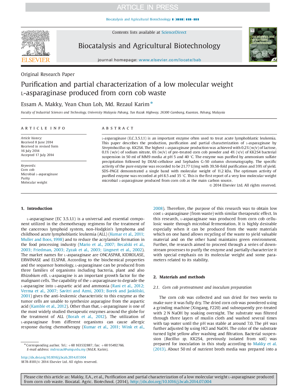 Purification and partial characterization of a low molecular weight l-asparaginase produced from corn cob waste