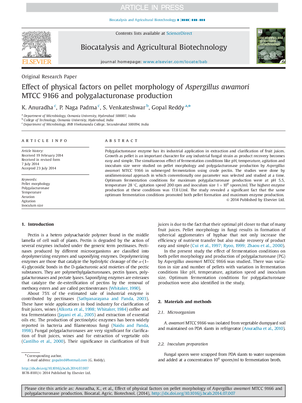 Effect of physical factors on pellet morphology of Aspergillus awamori MTCC 9166 and polygalacturonase production