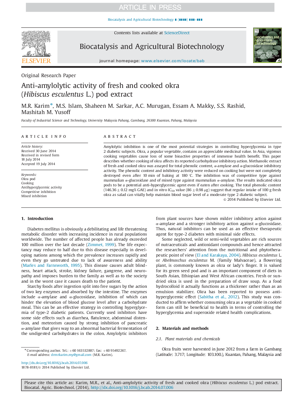 Anti-amylolytic activity of fresh and cooked okra (Hibiscus esculentus L.) pod extract