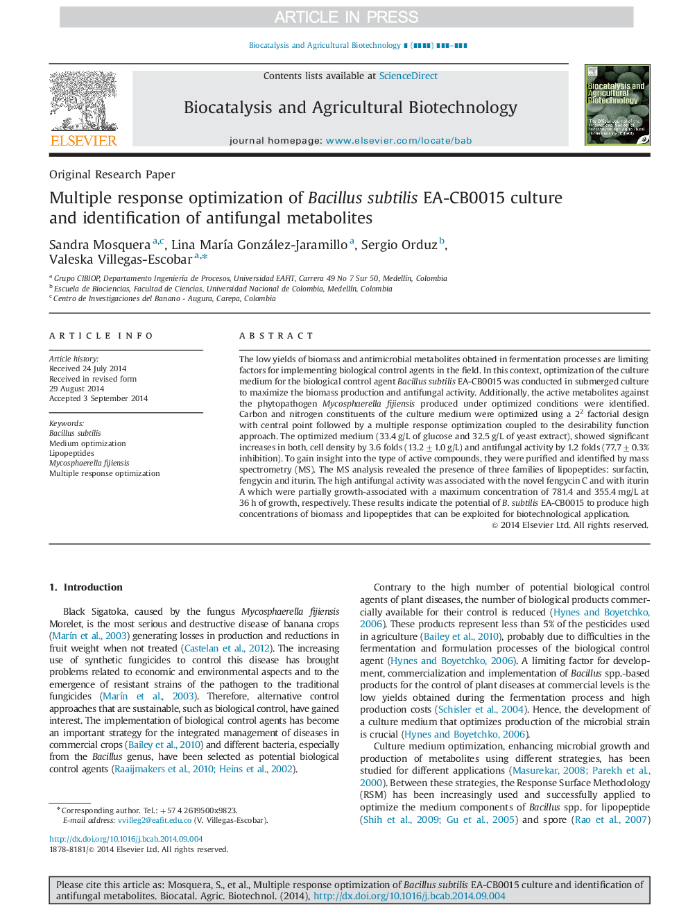 Multiple response optimization of Bacillus subtilis EA-CB0015 culture and identification of antifungal metabolites