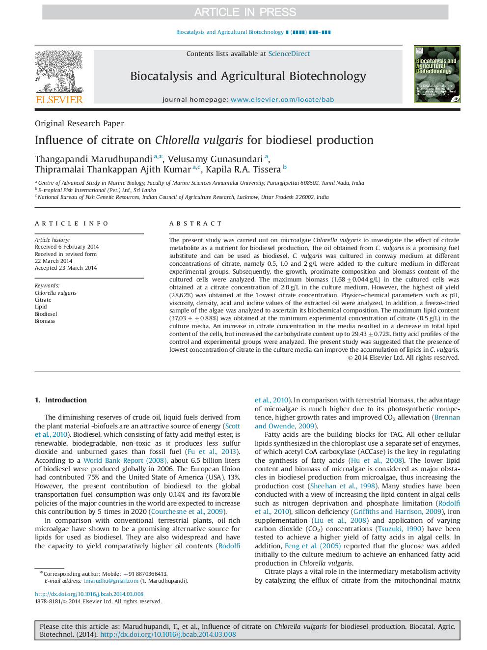 Influence of citrate on Chlorella vulgaris for biodiesel production