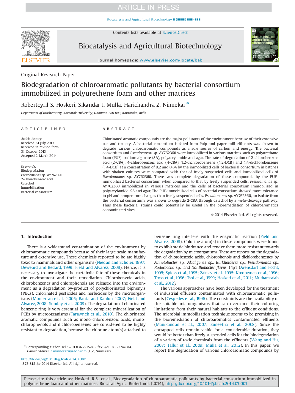 Biodegradation of chloroaromatic pollutants by bacterial consortium immobilized in polyurethene foam and other matrices