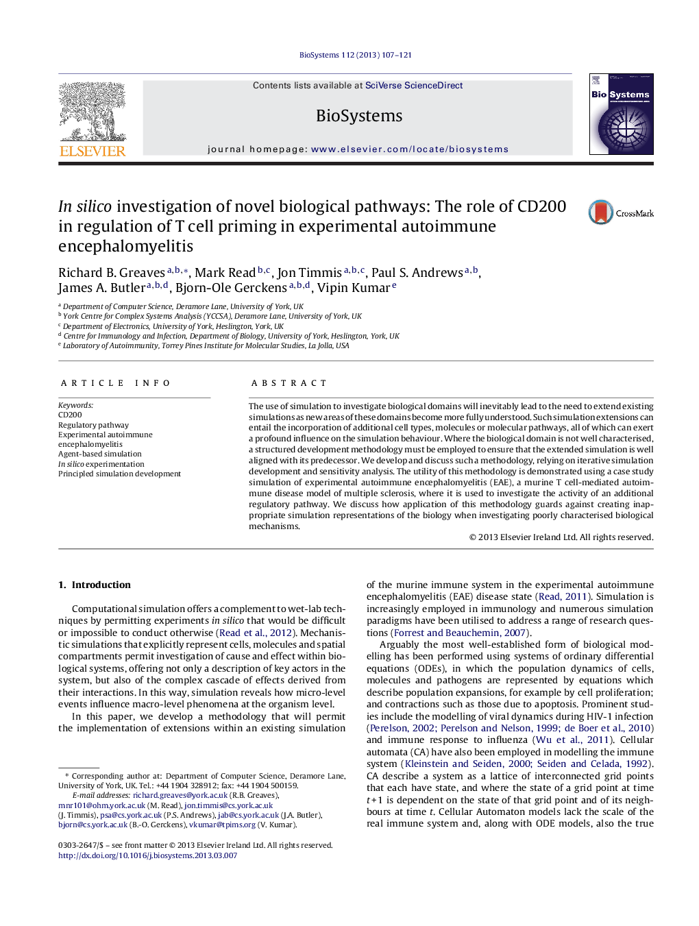 In silico investigation of novel biological pathways: The role of CD200 in regulation of T cell priming in experimental autoimmune encephalomyelitis