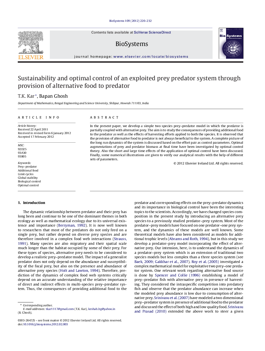 Sustainability and optimal control of an exploited prey predator system through provision of alternative food to predator