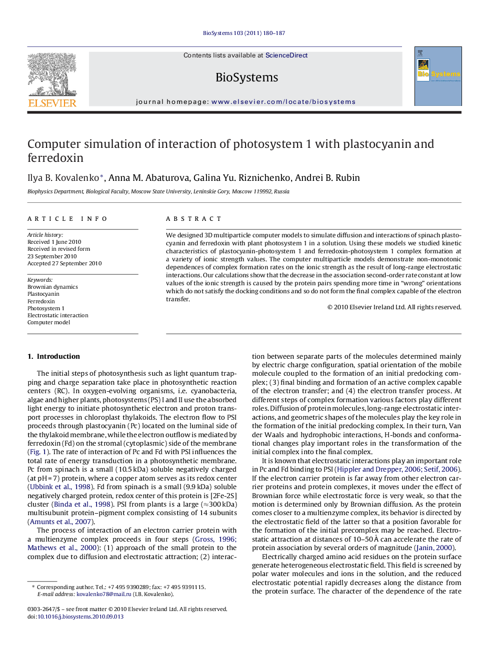 Computer simulation of interaction of photosystem 1 with plastocyanin and ferredoxin