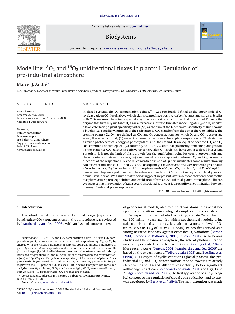 Modelling 18O2 and 16O2 unidirectional fluxes in plants: I. Regulation of pre-industrial atmosphere