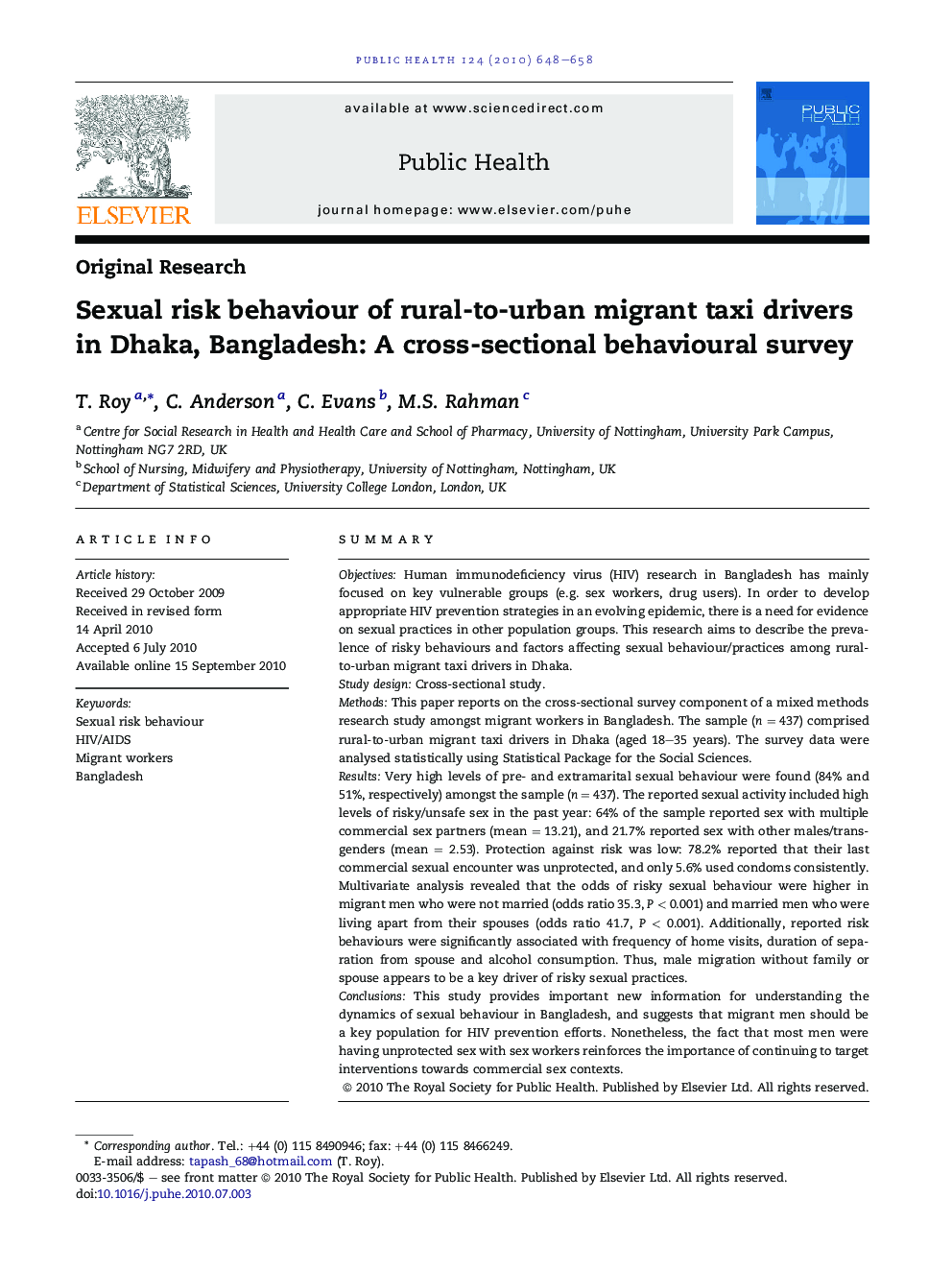 Sexual risk behaviour of rural-to-urban migrant taxi drivers in Dhaka, Bangladesh: A cross-sectional behavioural survey