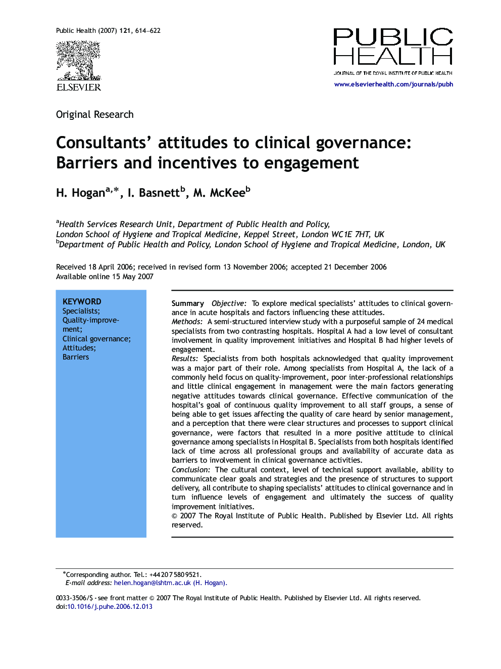 Consultants’ attitudes to clinical governance: Barriers and incentives to engagement