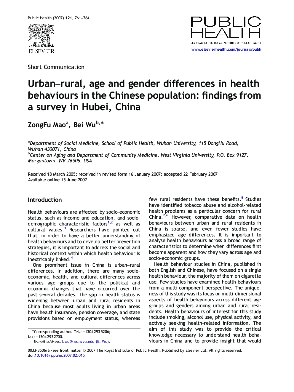 Urban-rural, age and gender differences in health behaviours in the Chinese population: findings from a survey in Hubei, China