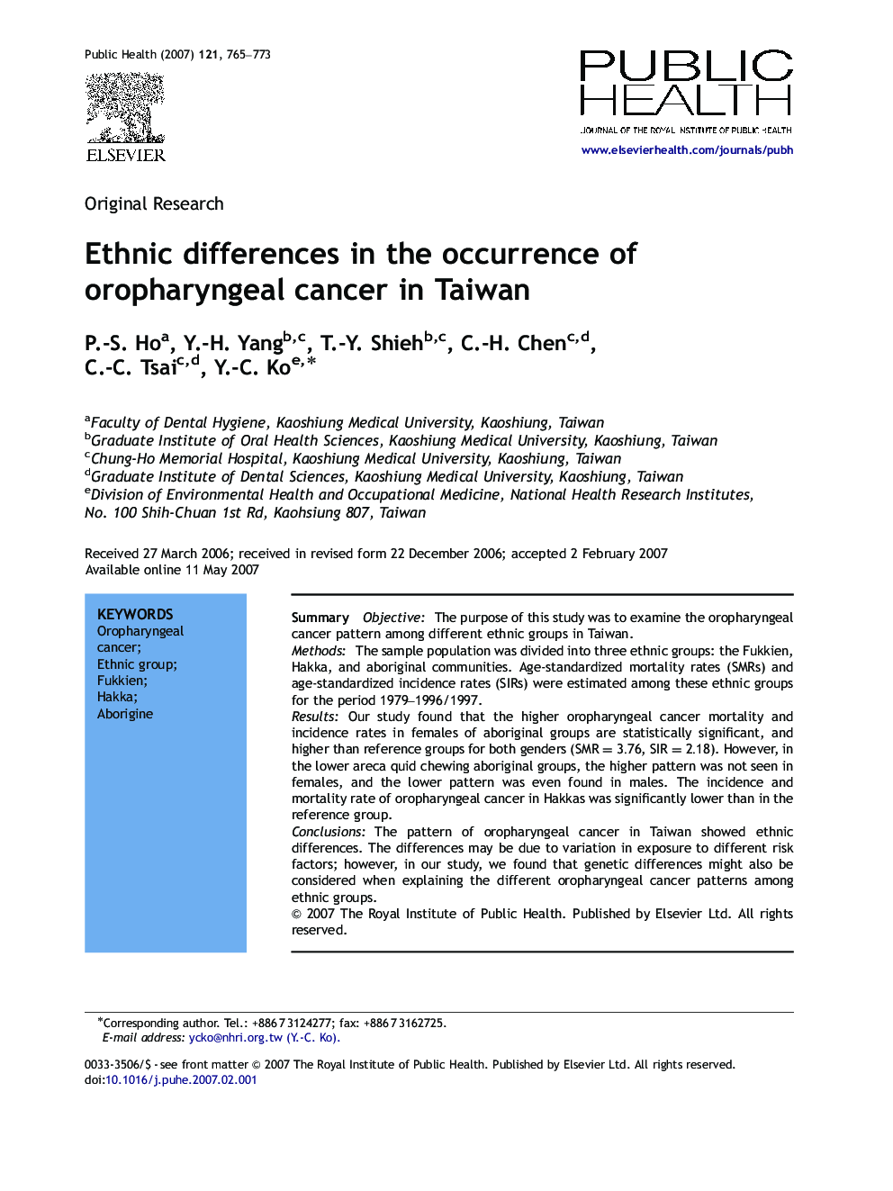 Ethnic differences in the occurrence of oropharyngeal cancer in Taiwan