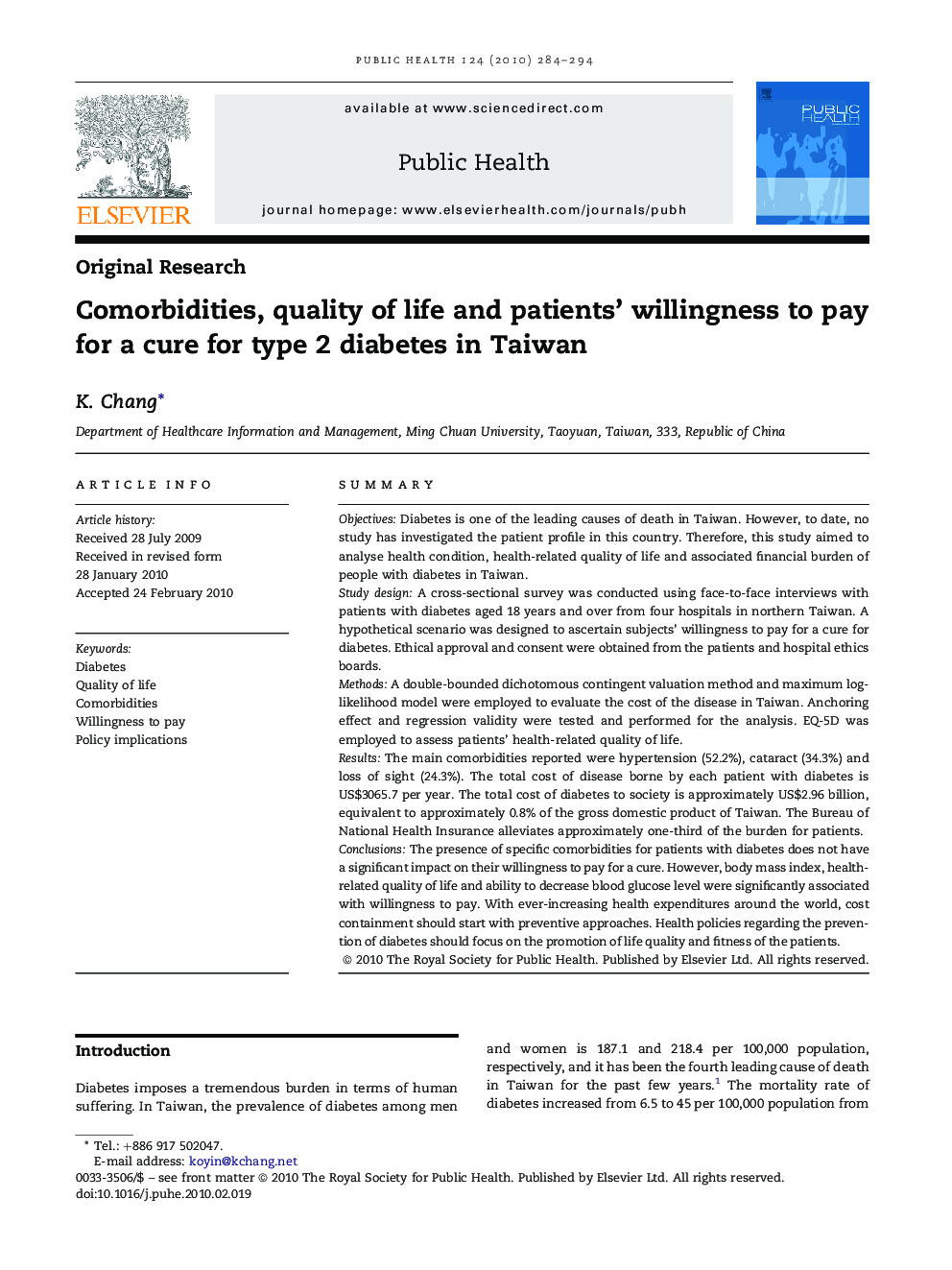 Comorbidities, quality of life and patients' willingness to pay for a cure for type 2 diabetes in Taiwan