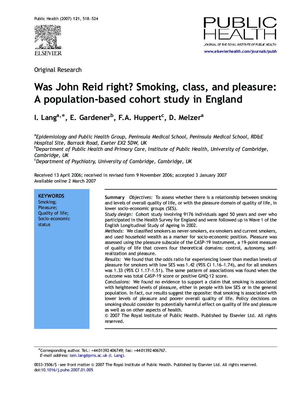 Was John Reid right? Smoking, class, and pleasure: A population-based cohort study in England