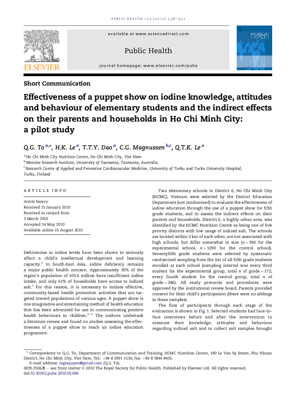 Effectiveness of a puppet show on iodine knowledge, attitudes and behaviour of elementary students and the indirect effects on their parents and households in Ho Chi Minh City: a pilot study