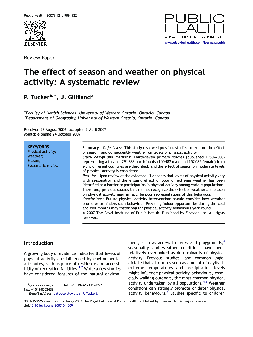عکس صفحه اول مقاله: The effect of season and weather on physical activity: A systematic review The effect of season and weather on physical activity: A systematic review