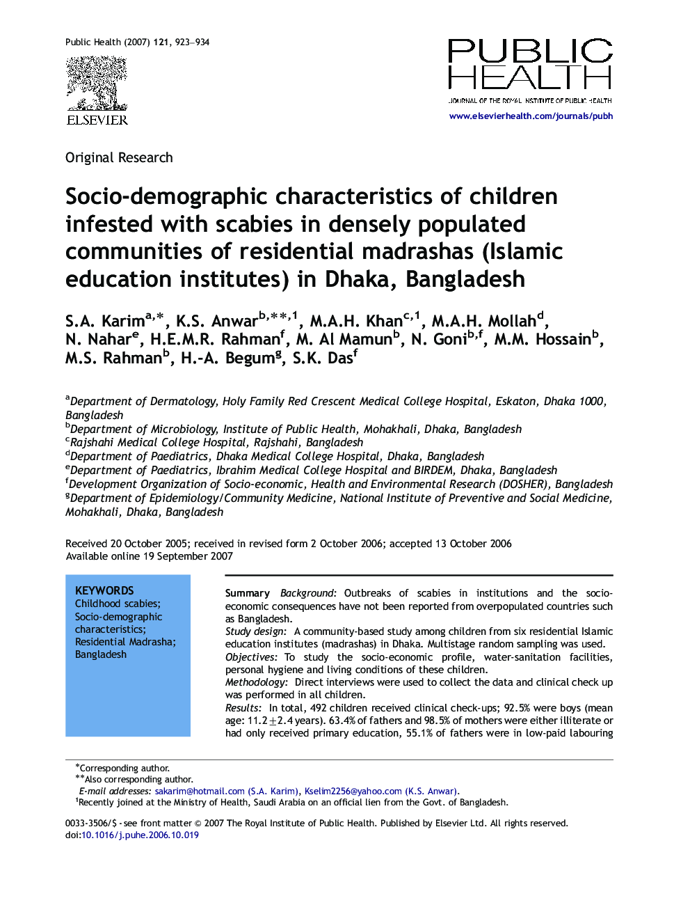 Socio-demographic characteristics of children infested with scabies in densely populated communities of residential madrashas (Islamic education institutes) in Dhaka, Bangladesh