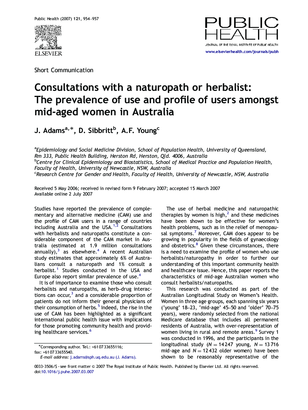 Consultations with a naturopath or herbalist: The prevalence of use and profile of users amongst mid-aged women in Australia
