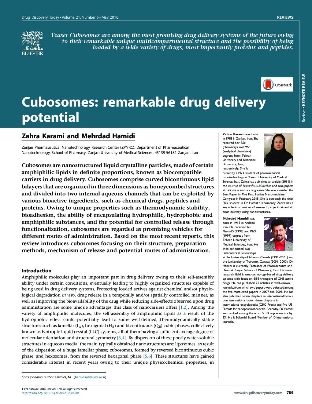 عکس صفحه اول مقاله: Cubosomes: remarkable drug delivery potential Cubosomes: remarkable drug delivery potential