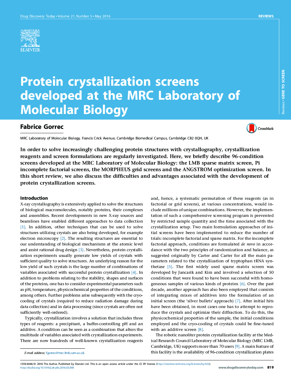 عکس صفحه اول مقاله: Protein crystallization screens developed at the MRC Laboratory of Molecular Biology Protein crystallization screens developed at the MRC Laboratory of Molecular Biology